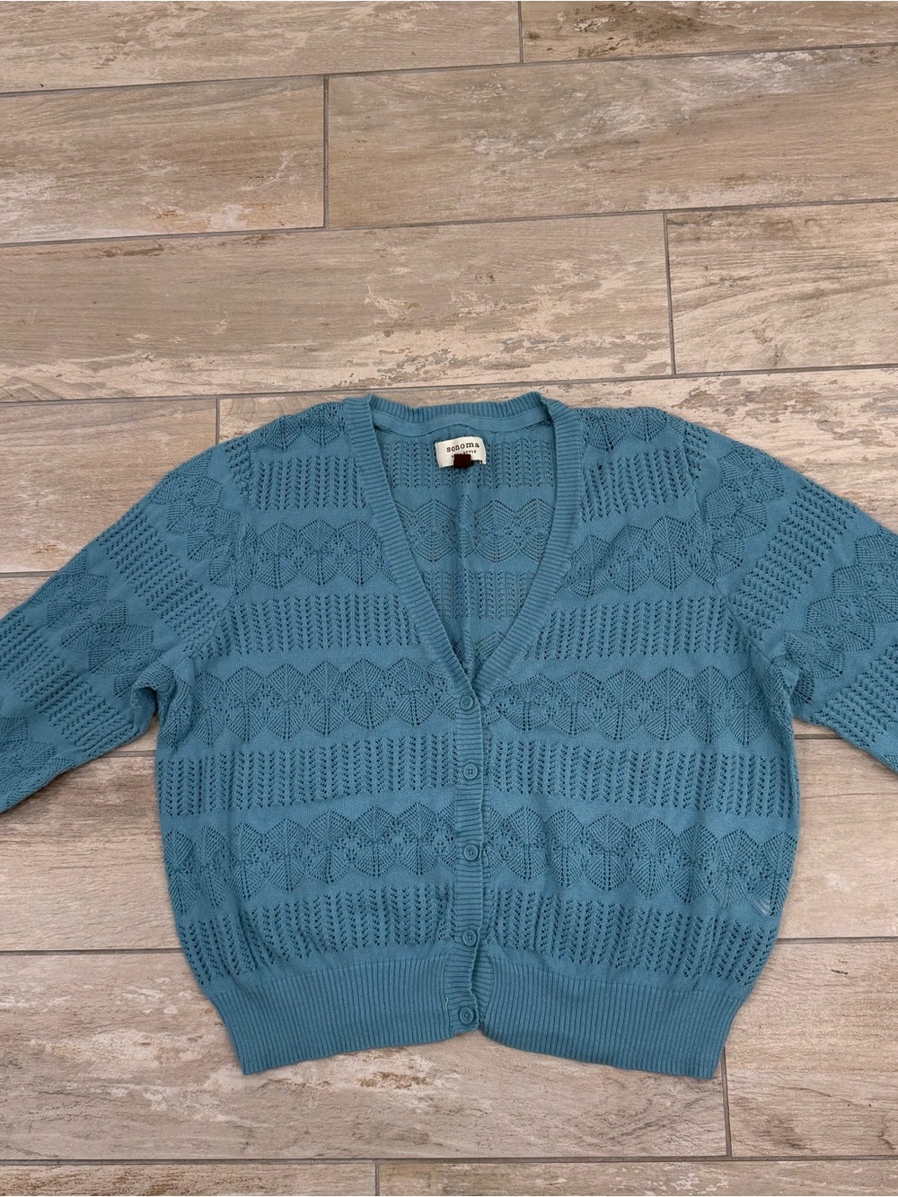 Vintage Sonoma Cottage Core Open Knit Teal Cardigan Sweater. XL. 3/4 sleeve.